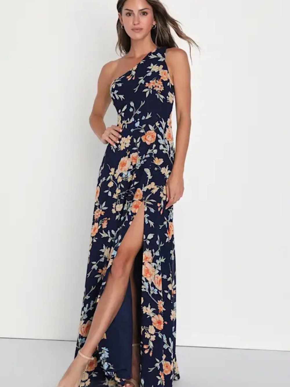 Lulus NWT One‑Shoulder Floral Maxi Dress Navy Medium